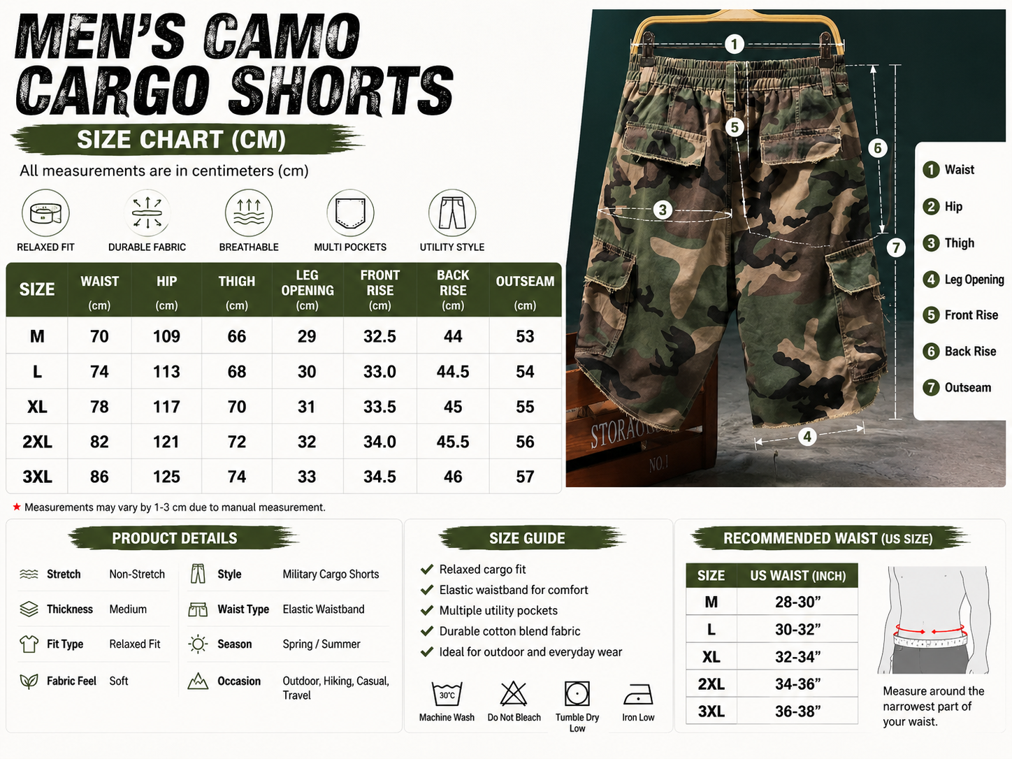 Men’s Camo Cargo Shorts – Military Style Multi-Pocket Relaxed Fit Utility Shorts