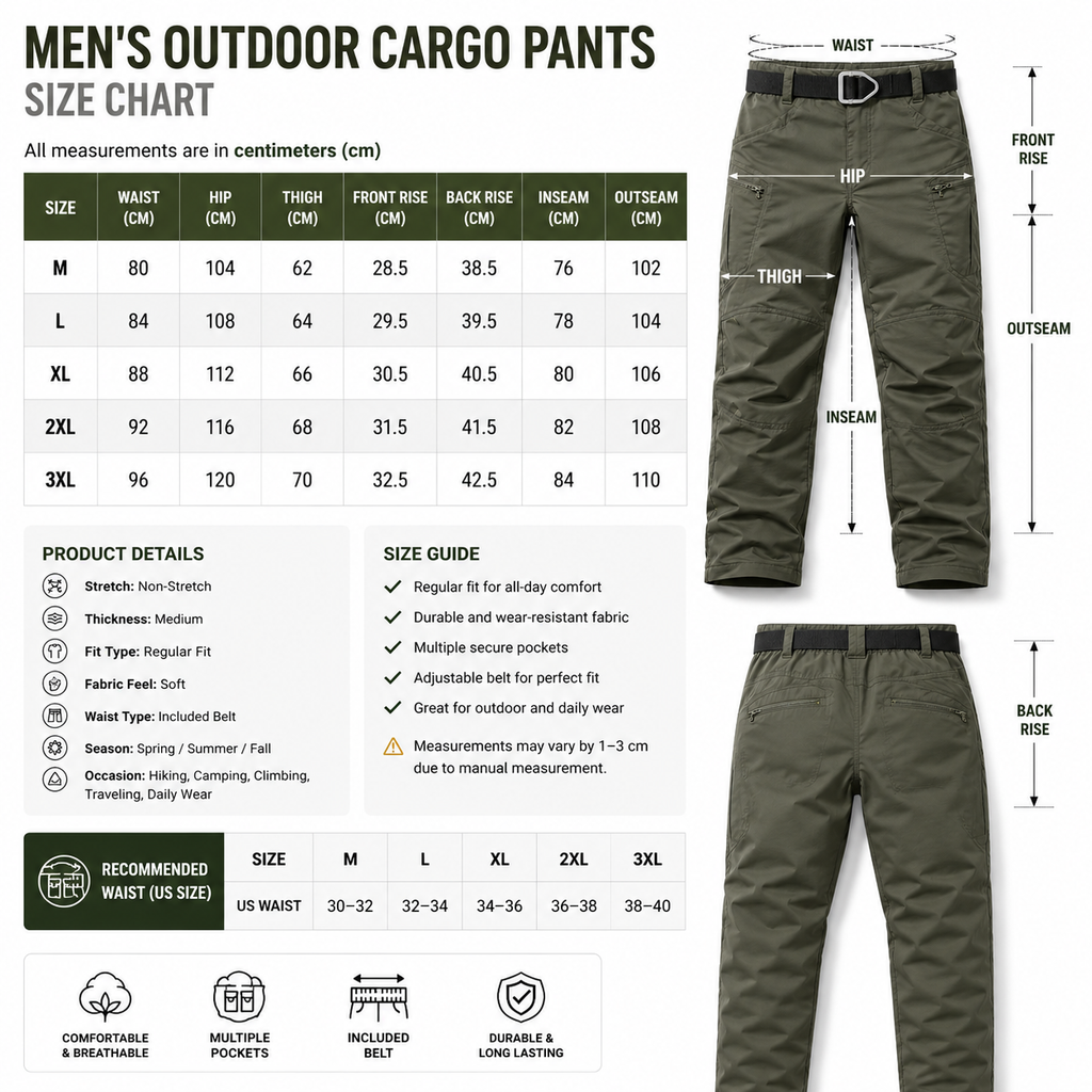 Men’s Tactical Outdoor Pants – Water-Resistant Stretch Hiking Cargo Trousers with Belt