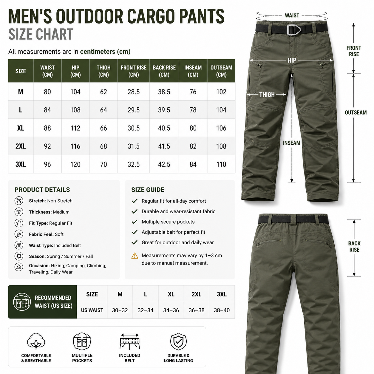 Men’s Tactical Outdoor Pants – Water-Resistant Stretch Hiking Cargo Trousers with Belt
