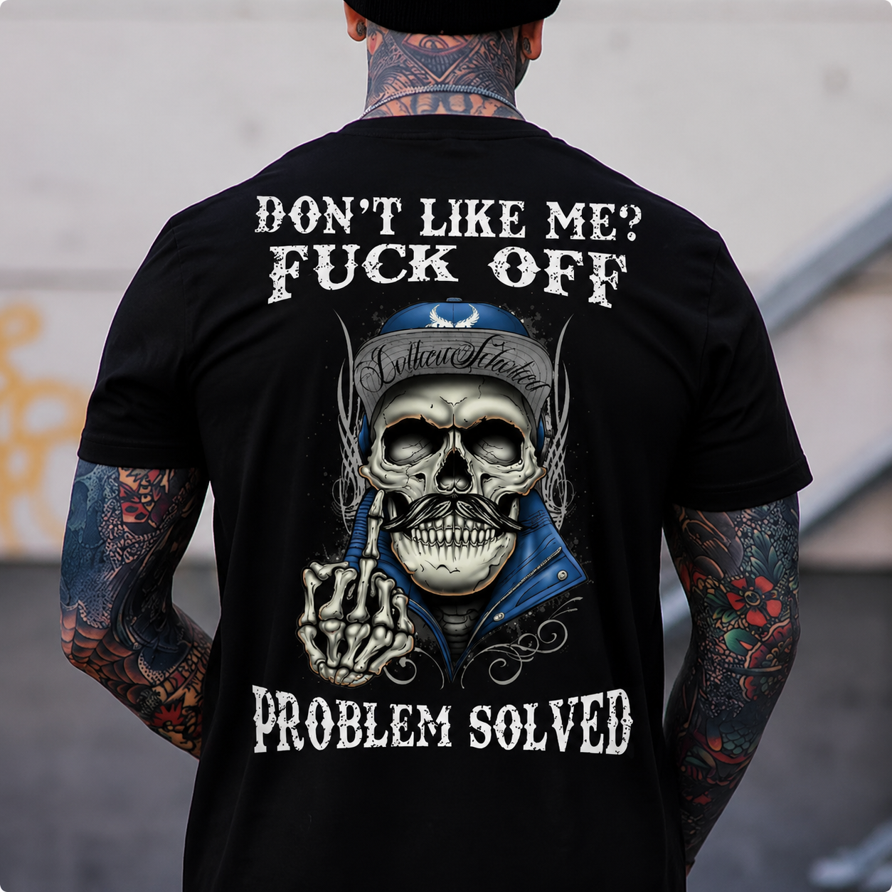 Don’t Like Me? F*ck Off Skull Graphic Tee – Problem Solved Vintage Streetwear T-Shirt for Men