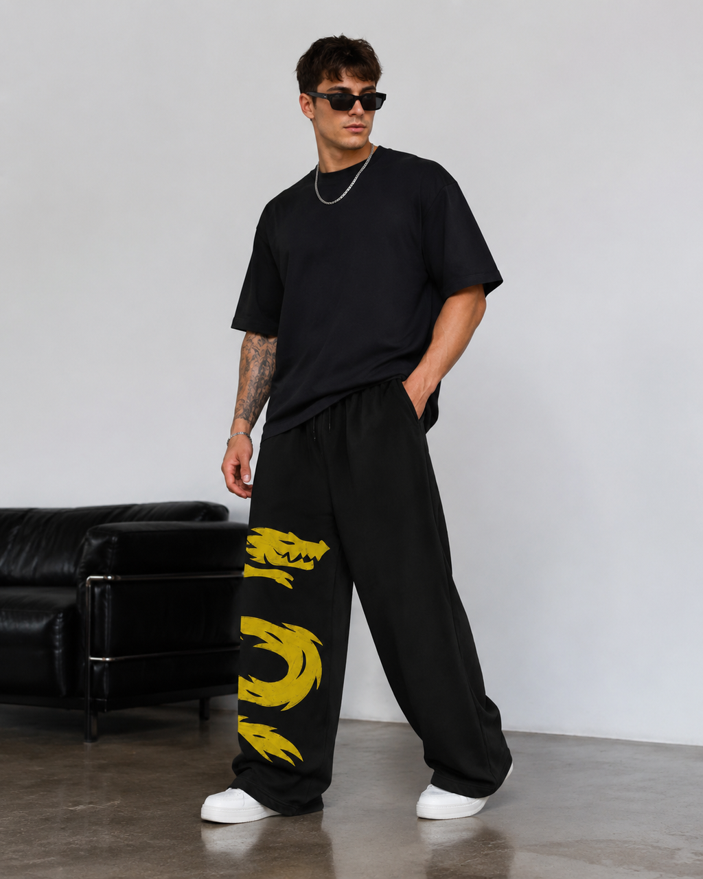 DRAGON FLAME GRAPHIC WIDE-LEG PANTS Bold Streetwear Statement Casual Pants for Men