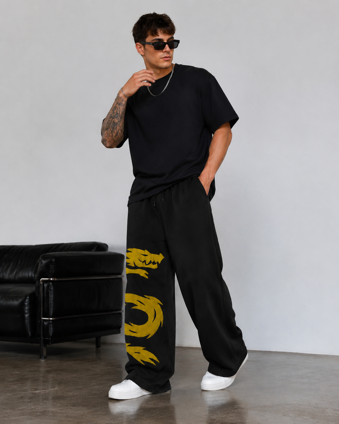 DRAGON FLAME GRAPHIC WIDE-LEG PANTS Bold Streetwear Statement Casual Pants for Men