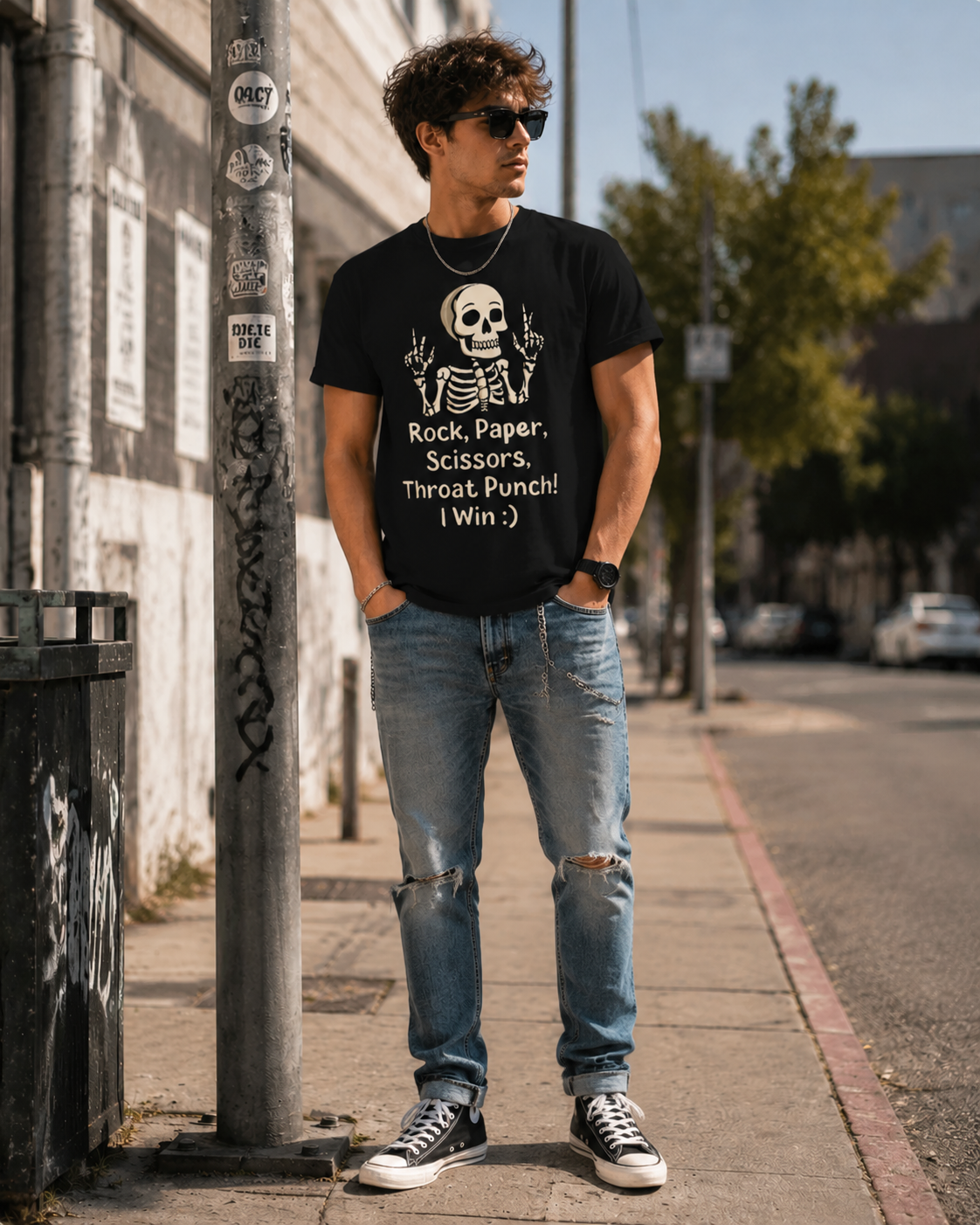 Rock Paper Scissors Throat Punch Skeleton Graphic Tee – Dark Humor Meme Streetwear T-Shirt for Men