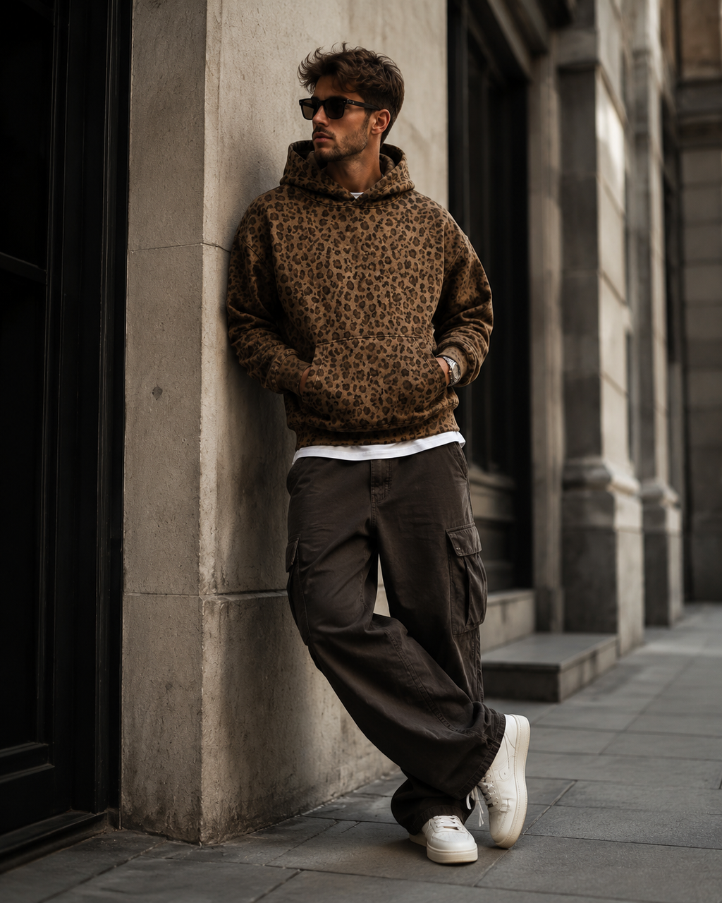 Men’s Leopard Print Oversized Hoodie – Vintage Streetwear Animal Pattern Pullover Sweatshirt