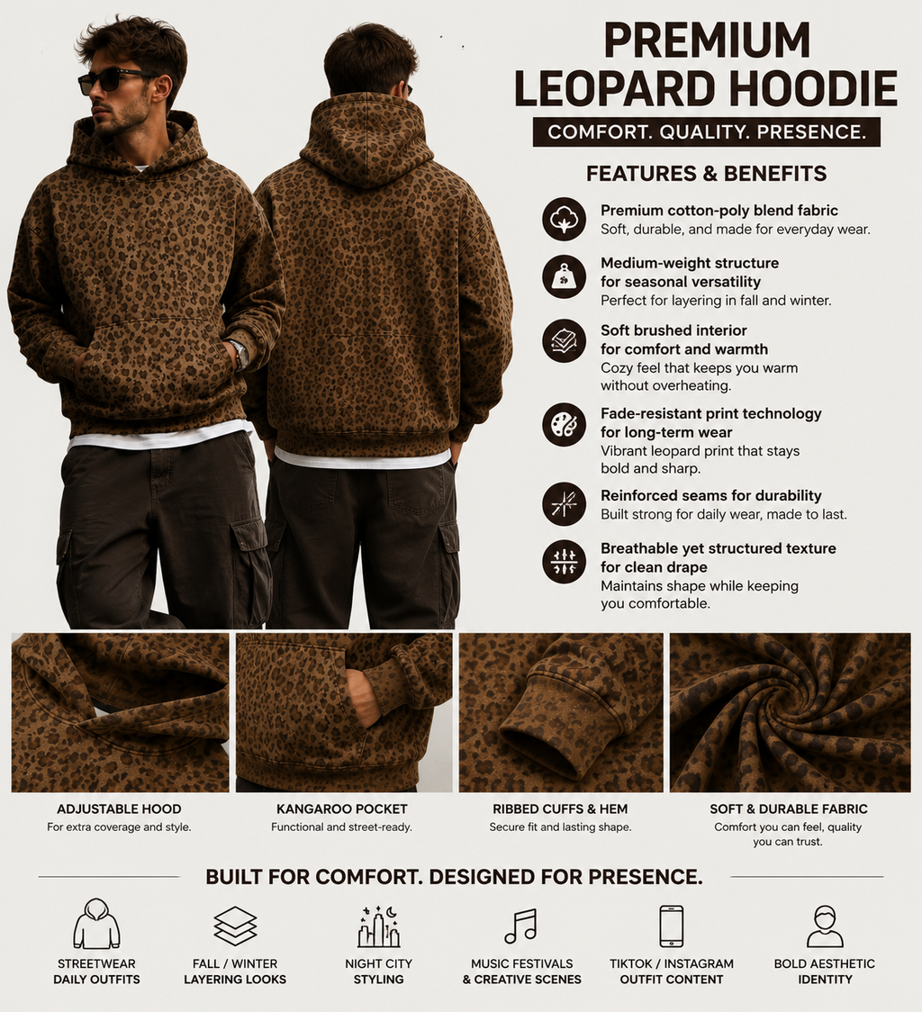 Men’s Leopard Print Oversized Hoodie – Vintage Streetwear Animal Pattern Pullover Sweatshirt