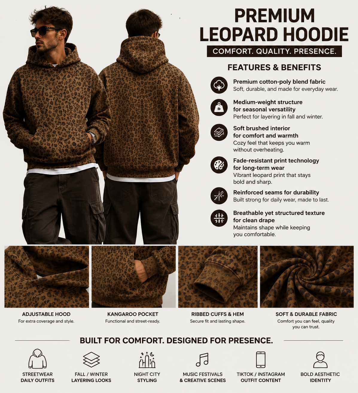 Men’s Leopard Print Oversized Hoodie – Vintage Streetwear Animal Pattern Pullover Sweatshirt