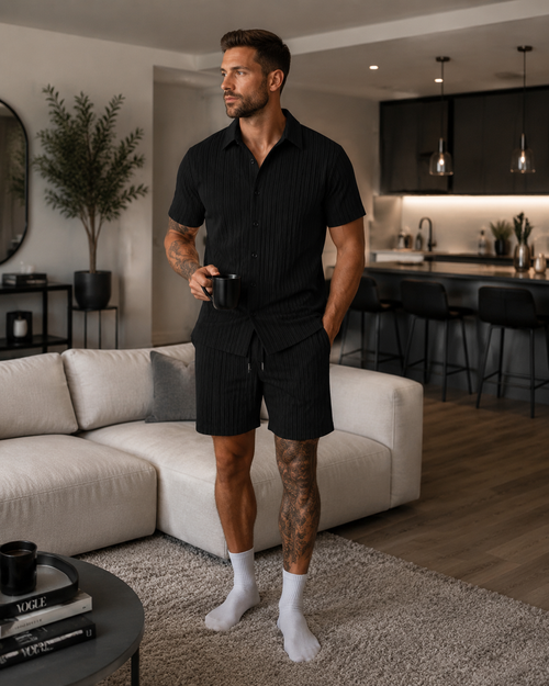 MEN’S LUXURY RESORT KNIT POLO & SHORTS SET Clean Luxury Vacation Smart Casual Outfit for Men