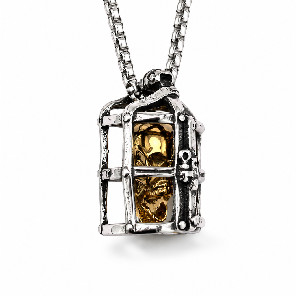Mens Gothic Skull Cage Necklace