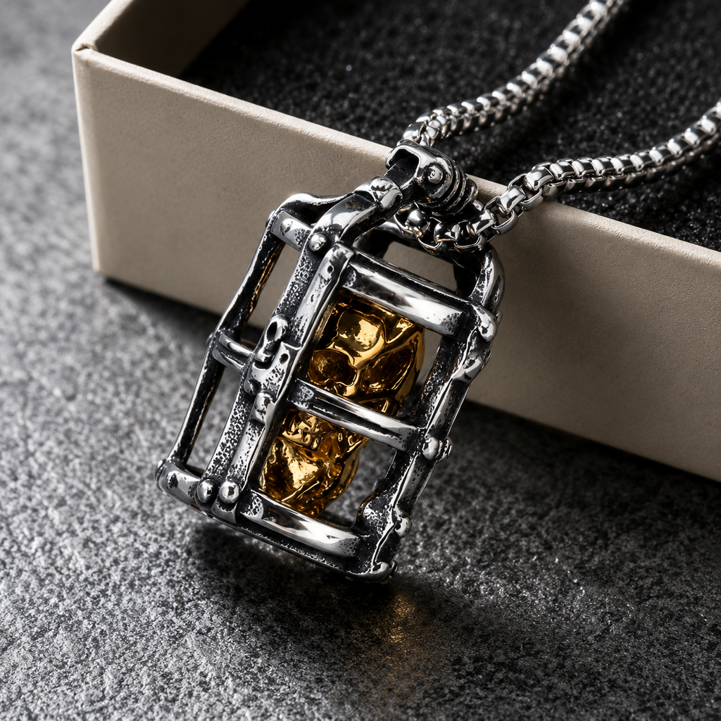 Mens Gothic Skull Cage Necklace