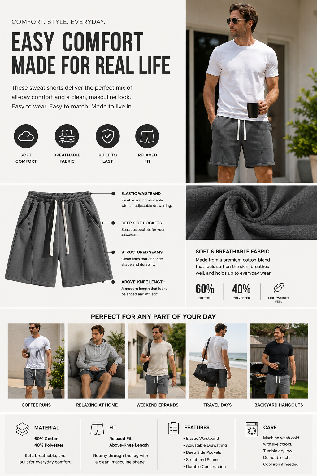 Mens Drawstring Sweat Shorts Casual Wear