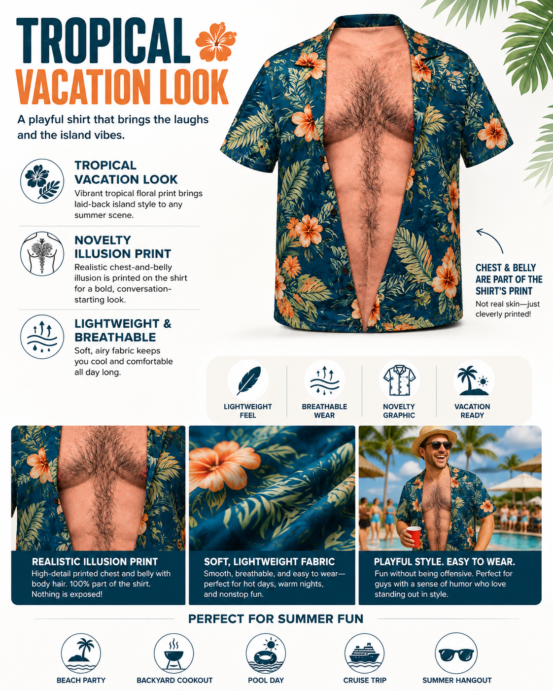 Mens Beach Belly Illusion Party Shirt