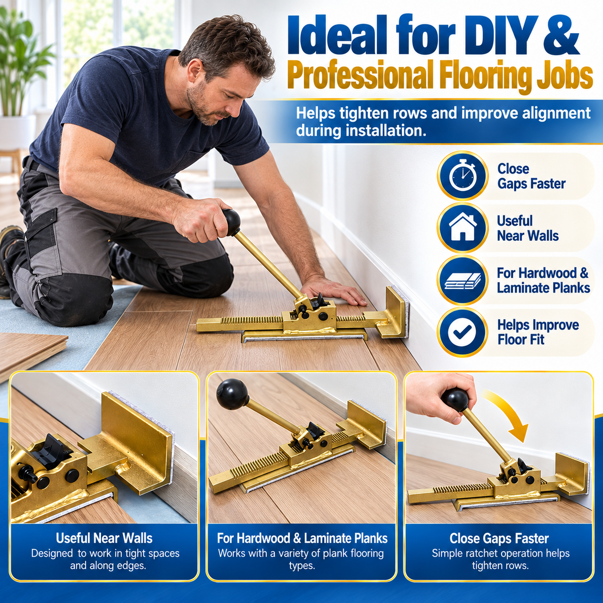 Ratcheting Flooring Jack — Bring Plank Joints Together With Controlled Pressure