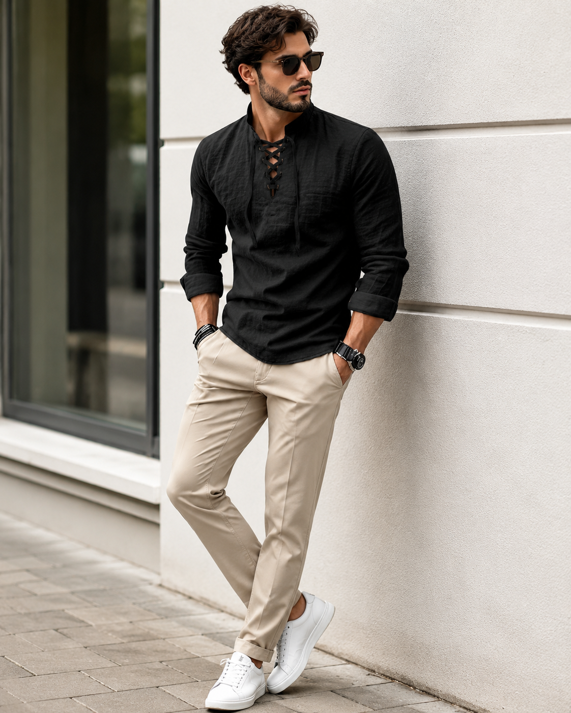 Men’s Lace-Up Collar Casual Shirt