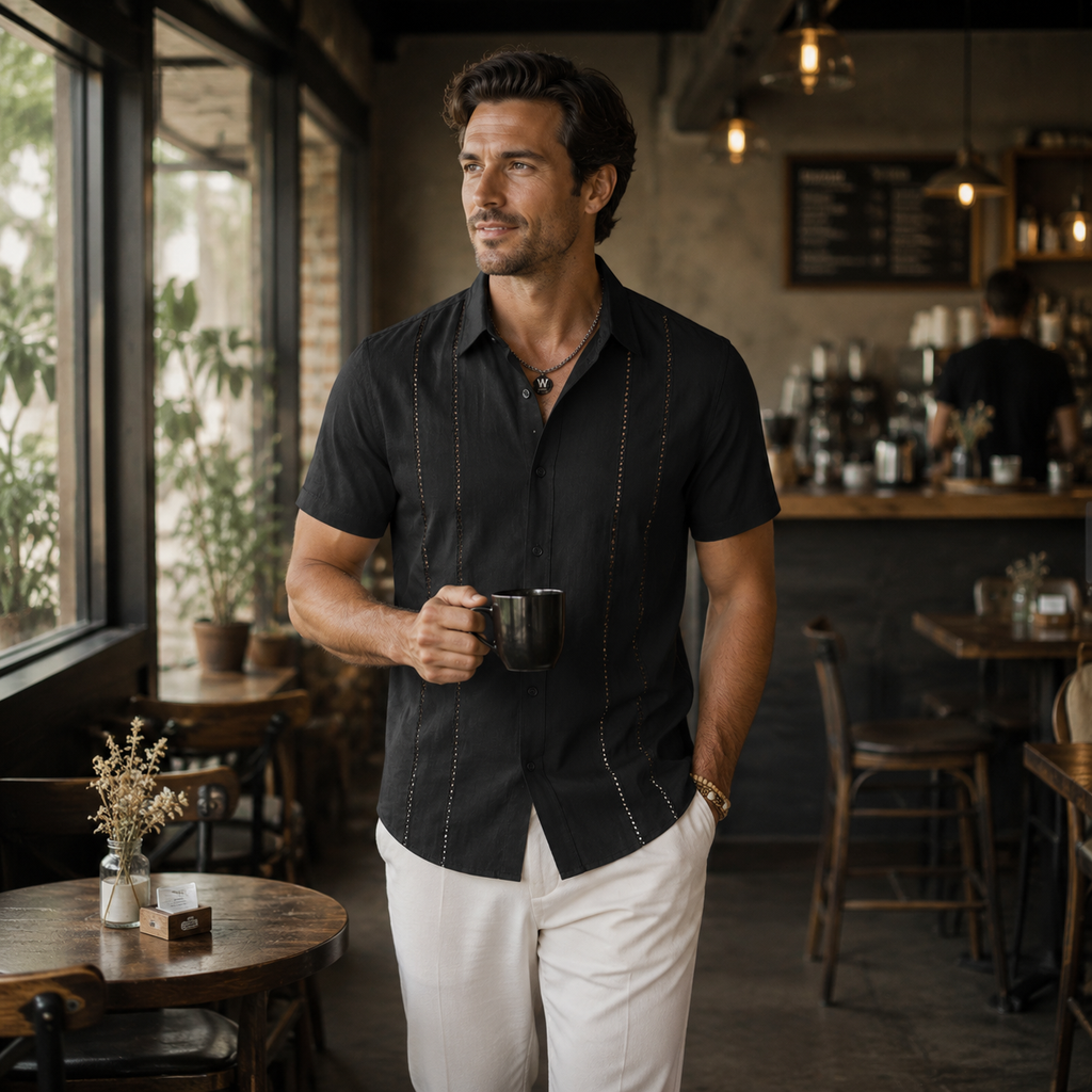 Men’s Black Vertical Stripe Short Sleeve Shirt