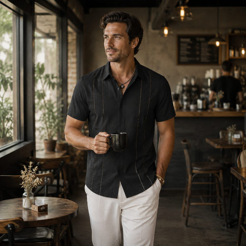 Men’s Black Vertical Stripe Short Sleeve Shirt
