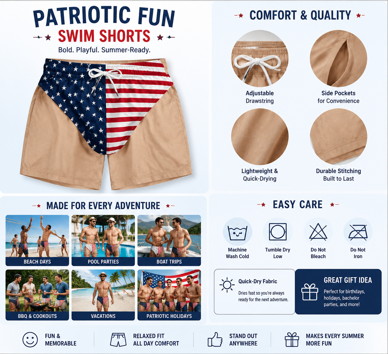 Funny Patriotic Beach Shorts for Men