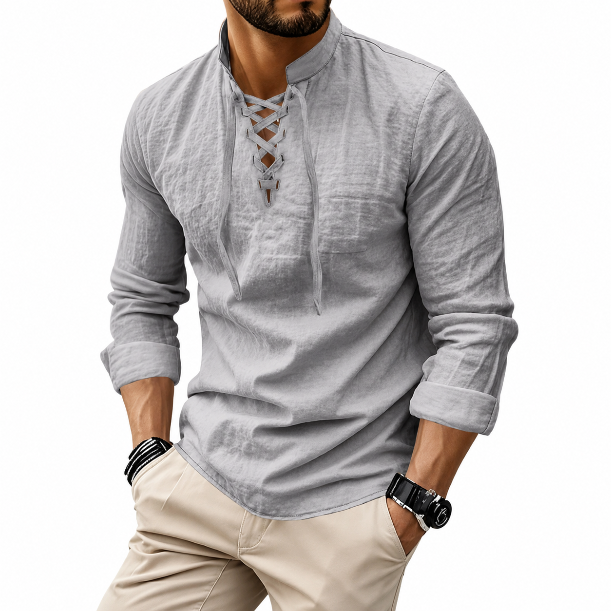 Men’s Lace-Up Collar Casual Shirt