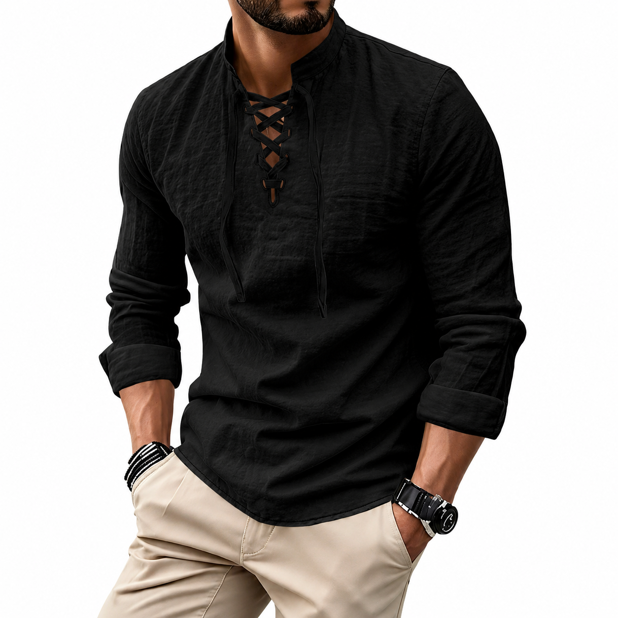 Men’s Lace-Up Collar Casual Shirt