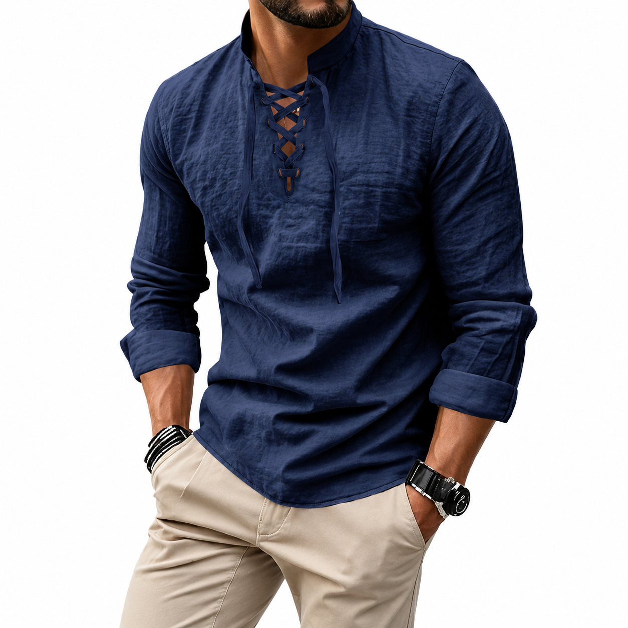 Men’s Lace-Up Collar Casual Shirt