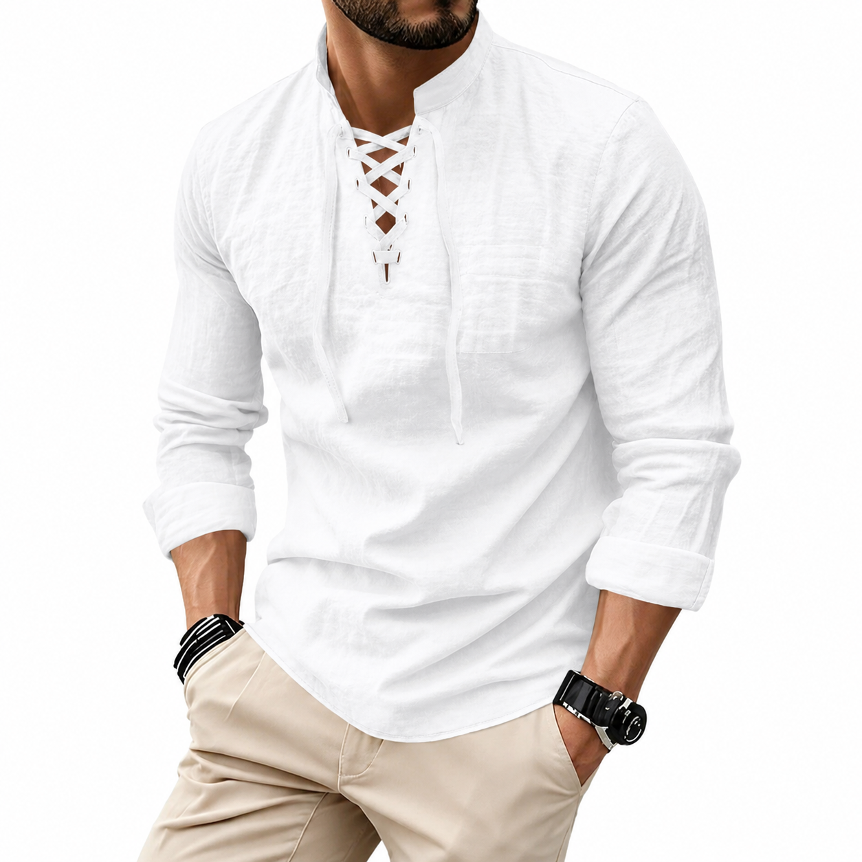 Men’s Lace-Up Collar Casual Shirt