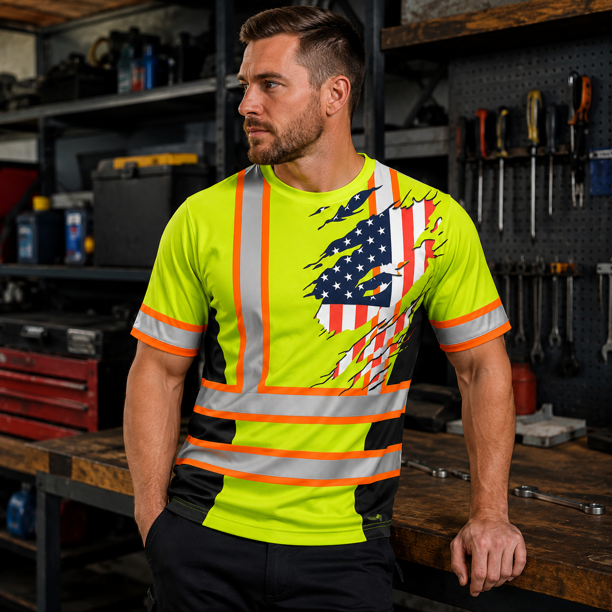 Mens High Visibility Flag Work Tee