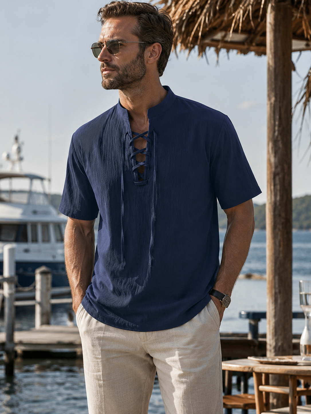 Men’s Textured Lace-Up Henley Shirt – Short Sleeve Linen Cotton Casual Fit Tee