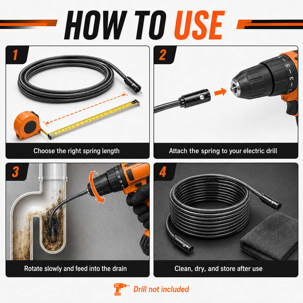 Drill-Powered Drain Cleaning Spring — Reach Clogs Beyond the First Bend