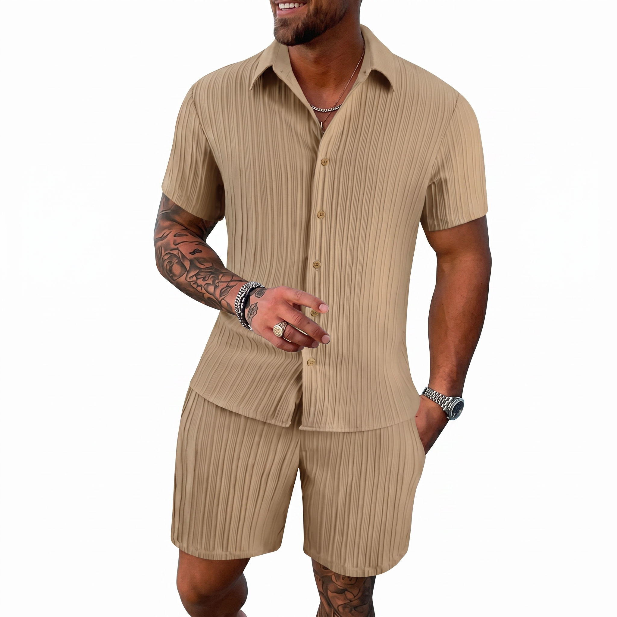 MEN’S LUXURY RESORT KNIT POLO & SHORTS SET Clean Luxury Vacation Smart Casual Outfit for Men