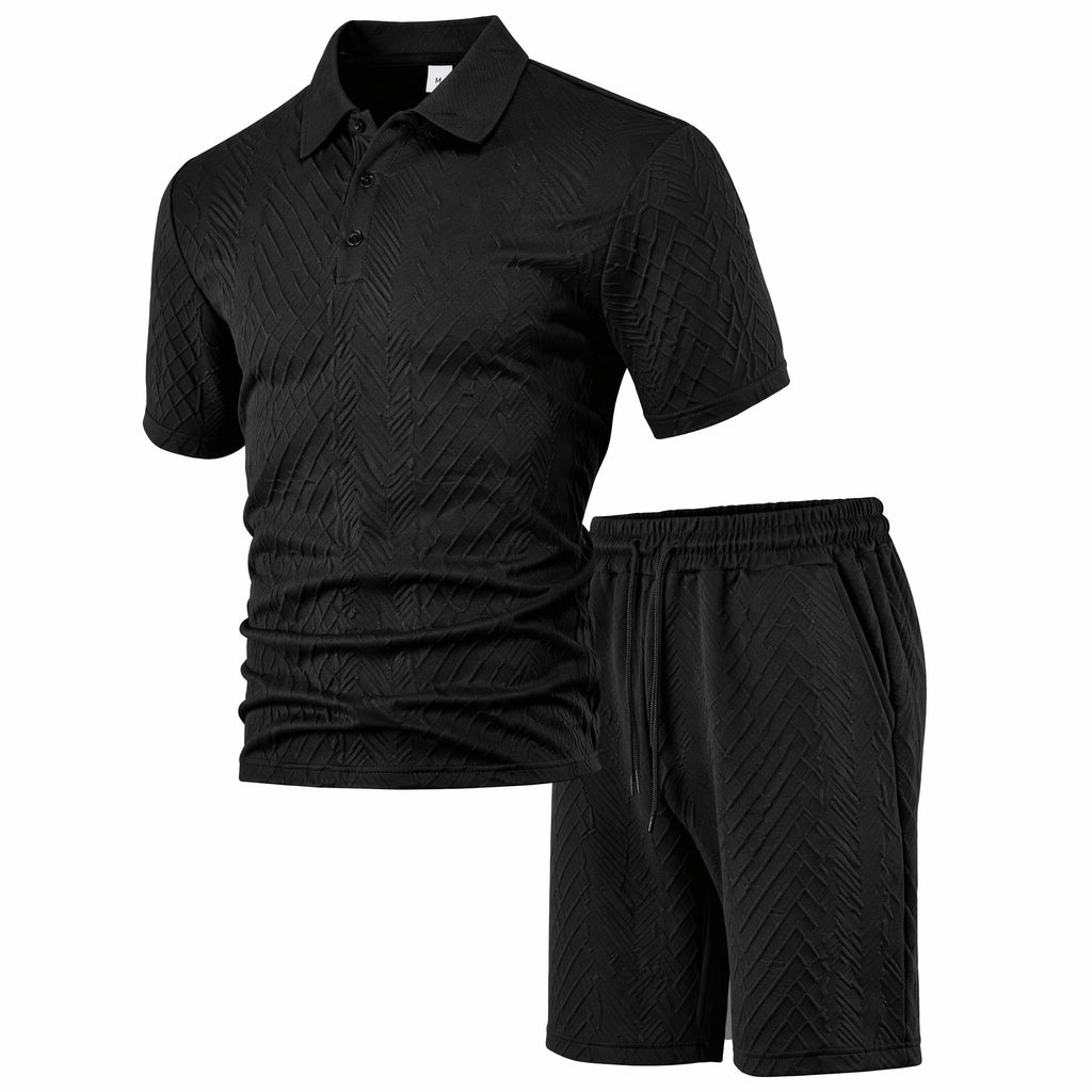 Men’s Textured Knit Polo Shirt & Shorts Set – Premium Casual Athletic Summer Outfit