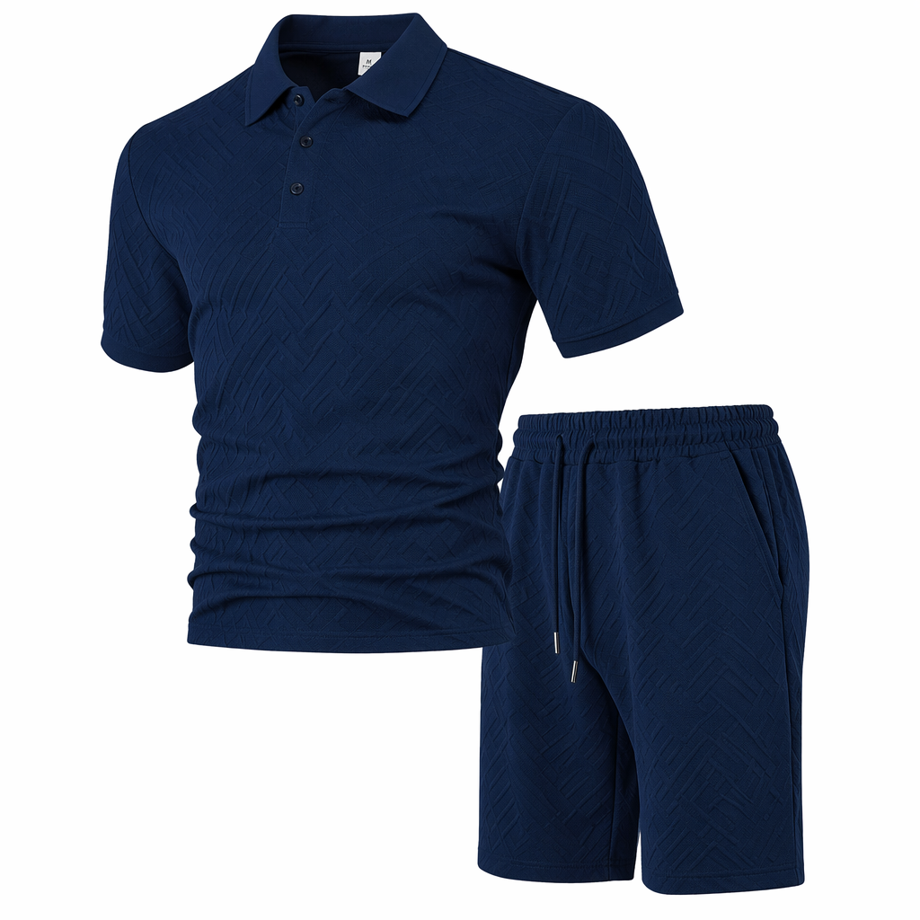 Men’s Textured Knit Polo Shirt & Shorts Set – Premium Casual Athletic Summer Outfit