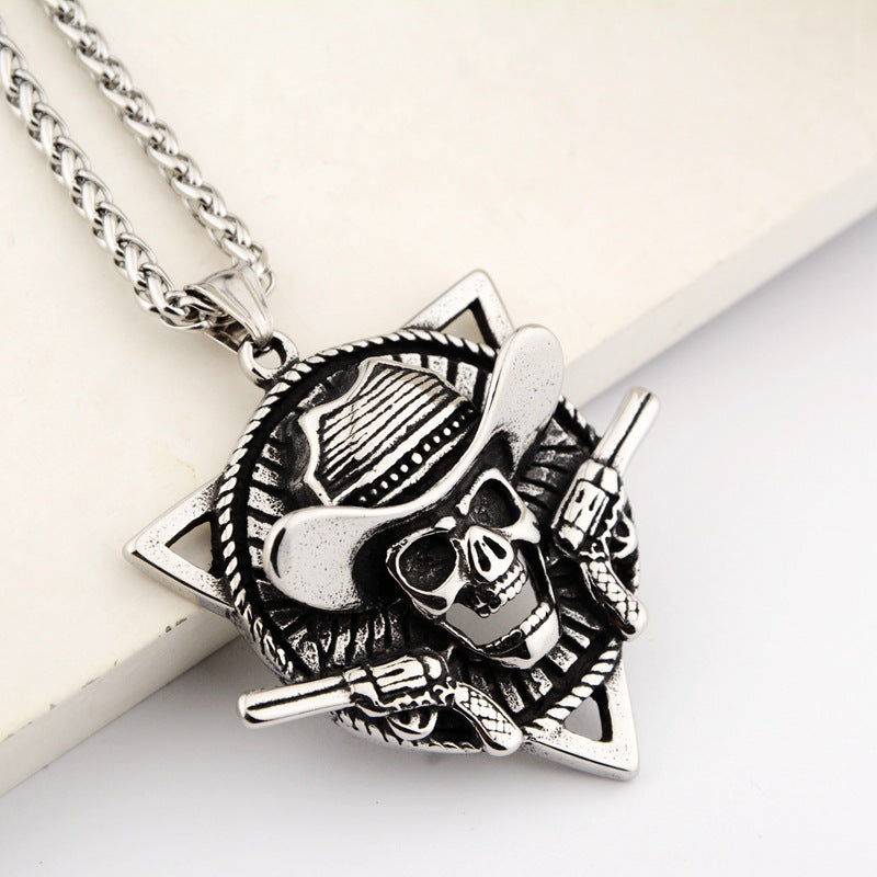 Western Cowboy Skull Double Gun Necklace