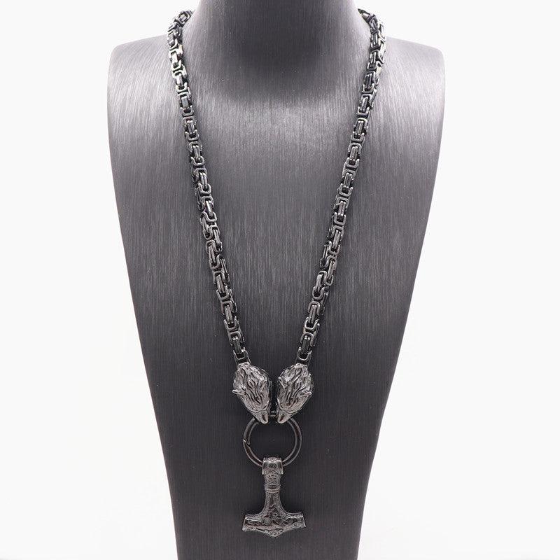 King Chain With Wolf Heads & Mjolnir Pendant