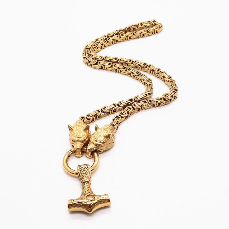 King Chain With Wolf Heads & Mjolnir Pendant