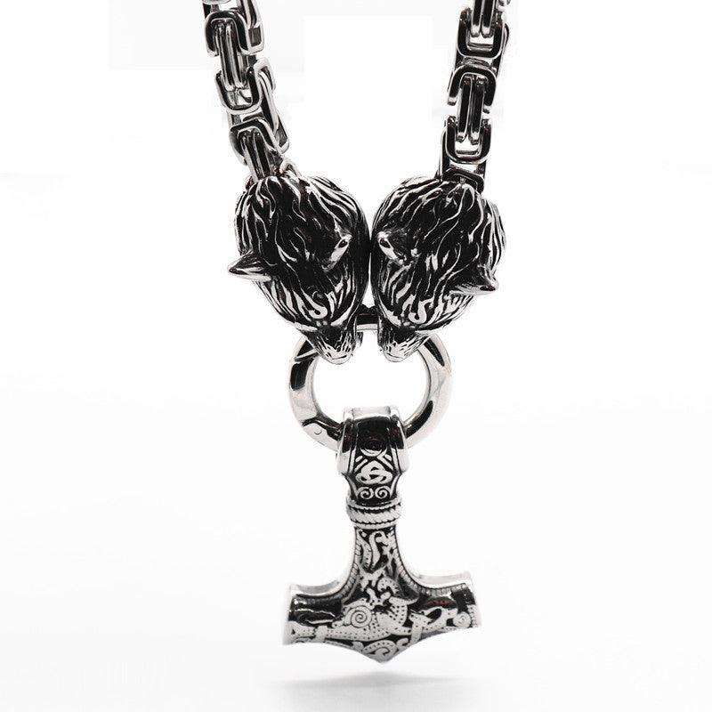 King Chain With Wolf Heads & Mjolnir Pendant