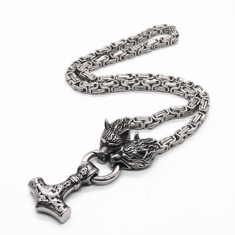 King Chain With Wolf Heads & Mjolnir Pendant