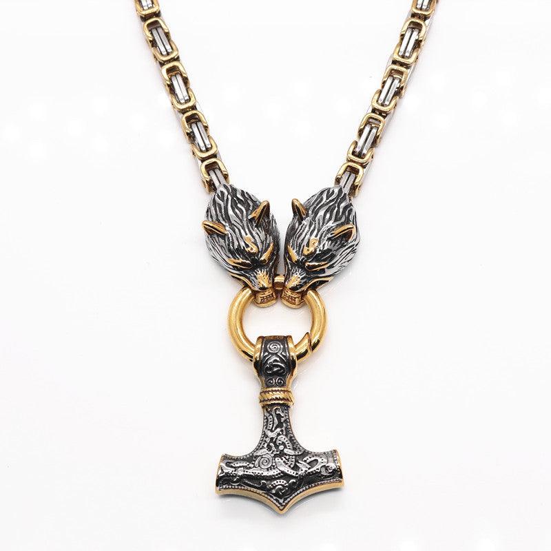 King Chain With Wolf Heads & Mjolnir Pendant