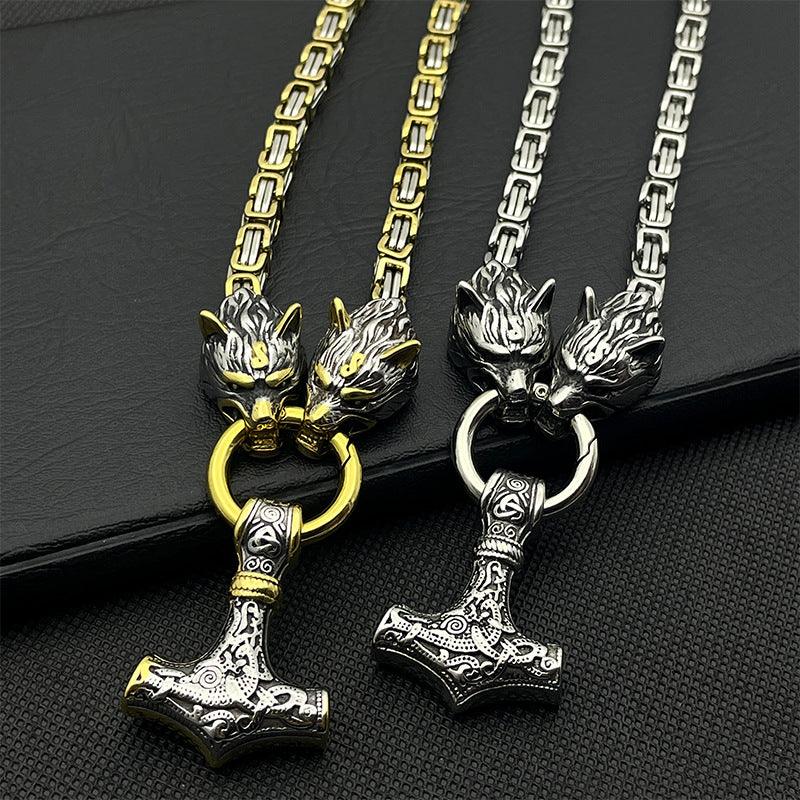 King Chain With Wolf Heads & Mjolnir Pendant