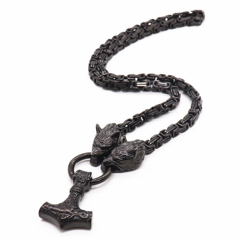 King Chain With Wolf Heads & Mjolnir Pendant