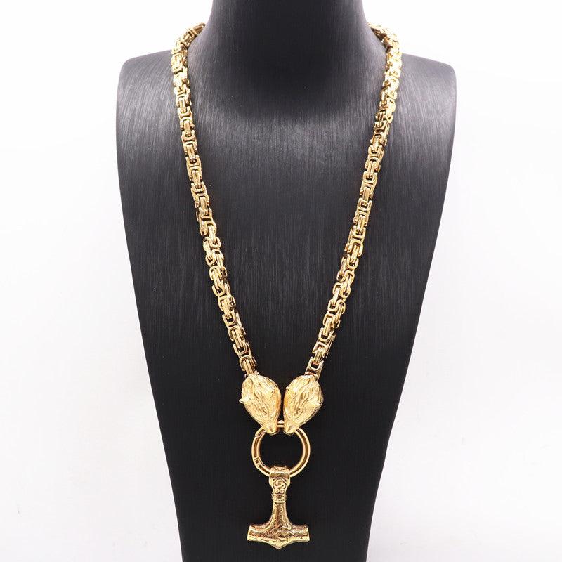 King Chain With Wolf Heads & Mjolnir Pendant