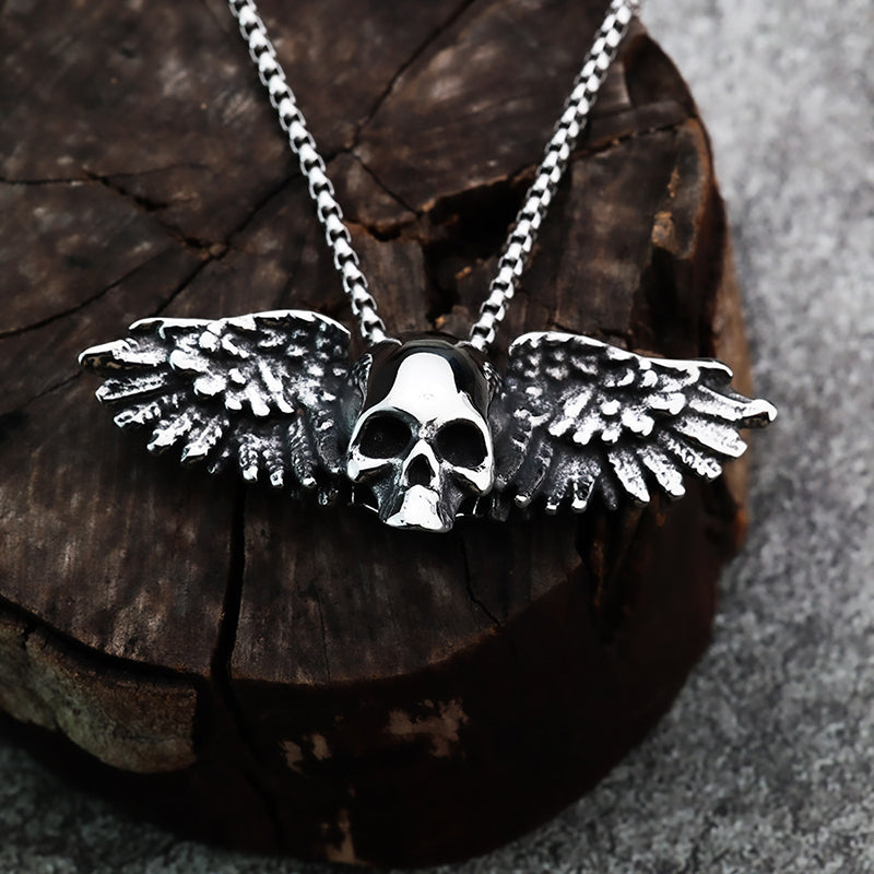 "Wings of the Dead" Skull Feather Necklace