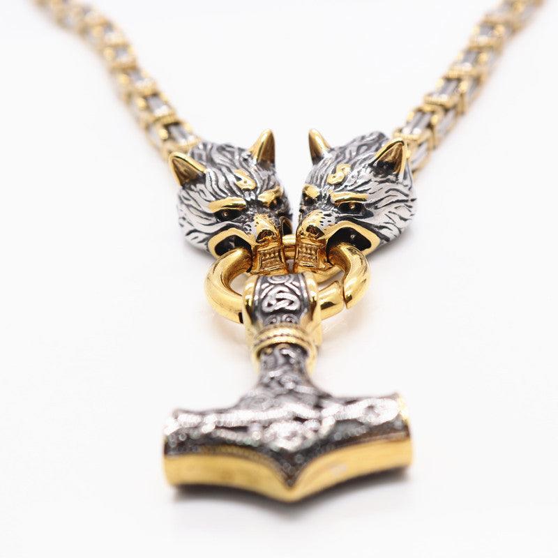 King Chain With Wolf Heads & Mjolnir Pendant