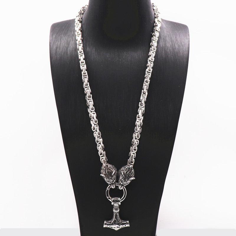 King Chain With Wolf Heads & Mjolnir Pendant