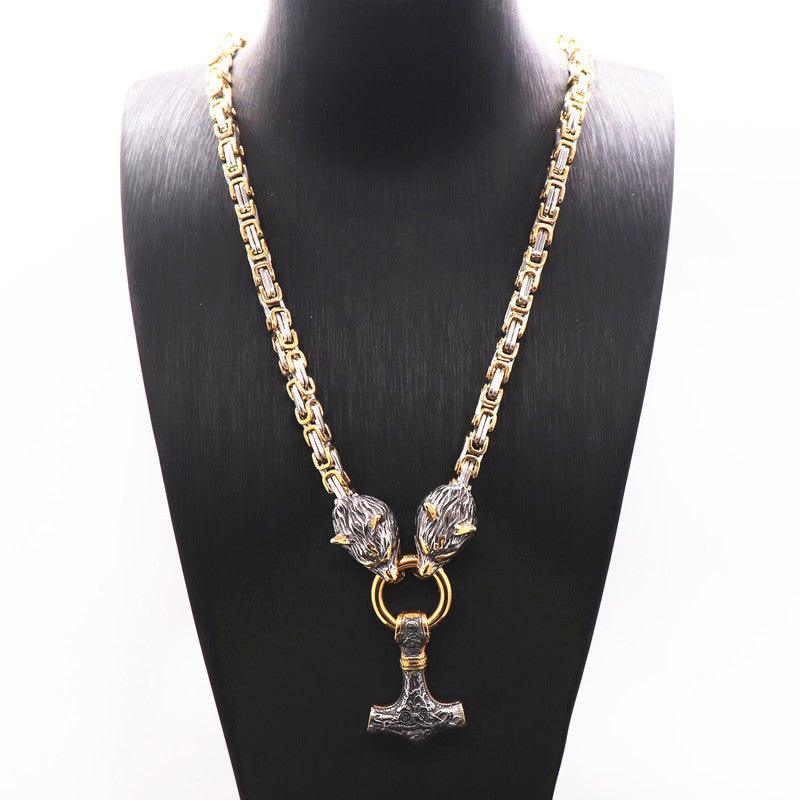 King Chain With Wolf Heads & Mjolnir Pendant