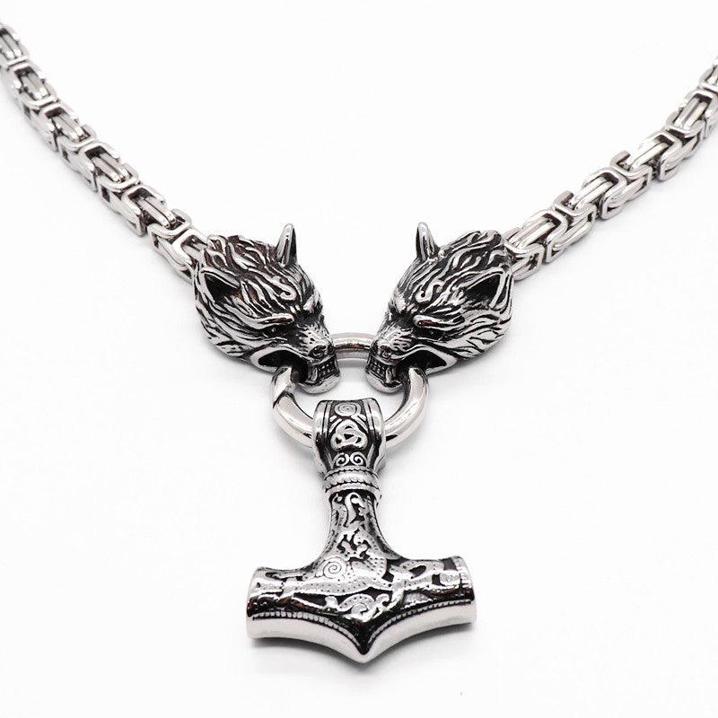 King Chain With Wolf Heads & Mjolnir Pendant