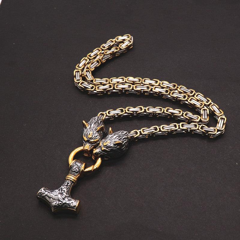 King Chain With Wolf Heads & Mjolnir Pendant