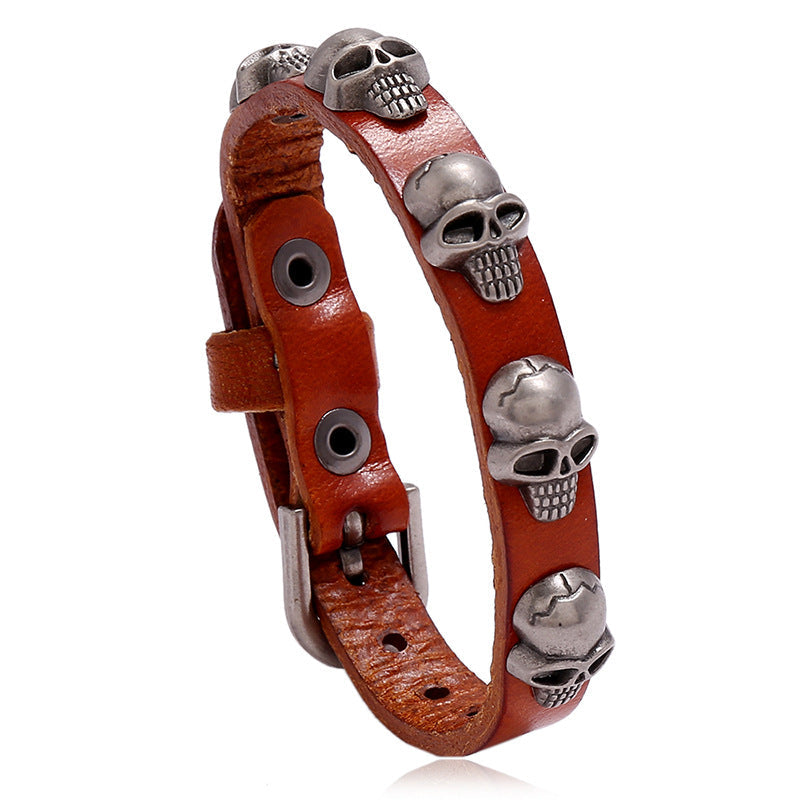 Punk style skull leather bracelet