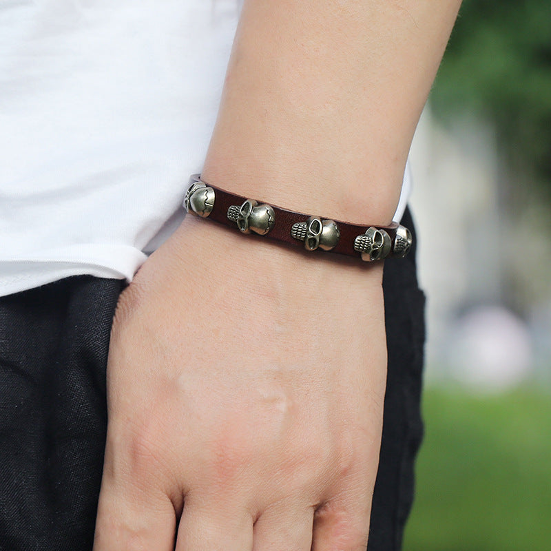 Punk style skull leather bracelet