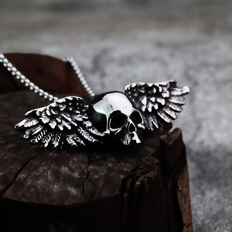 "Wings of the Dead" Skull Feather Necklace