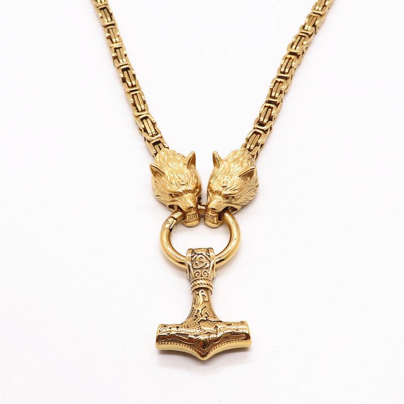 King Chain With Wolf Heads & Mjolnir Pendant