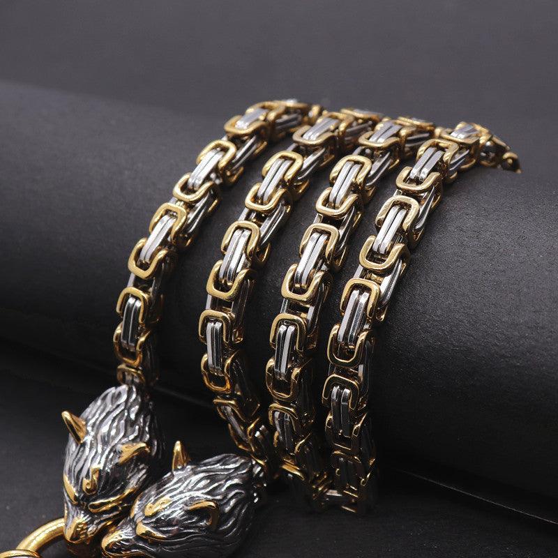 King Chain With Wolf Heads & Mjolnir Pendant